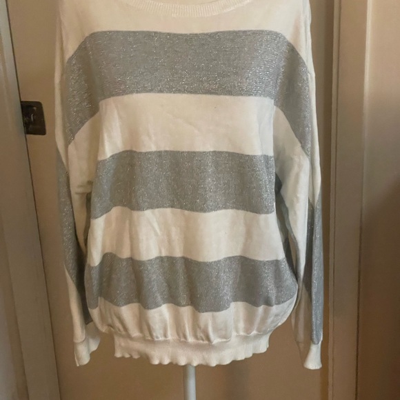 Liz Claiborne white silver striped Knit sweater Pull on size LG cotton metallic - Picture 4 of 13